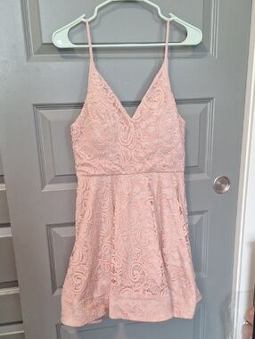 Sequin Hearts pink lace v-neck, a-line dress